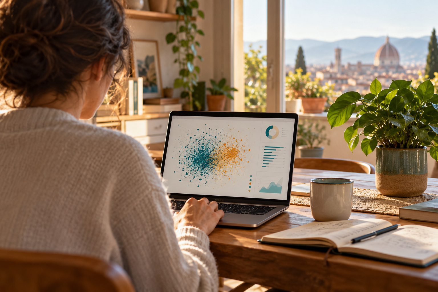 Una persona al computer, in uno spazio di lavoro illuminato dal sole, consulta una visualizzazione di dati.